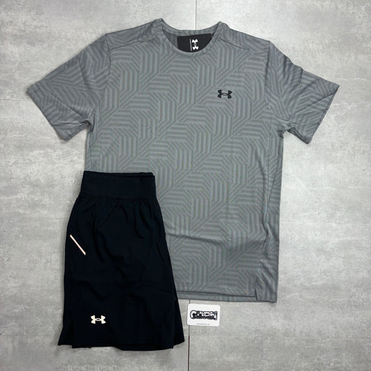 Grey Under Armour Geo Tessa Vent T-Shirt & Black 7” Speed Pocket Shorts