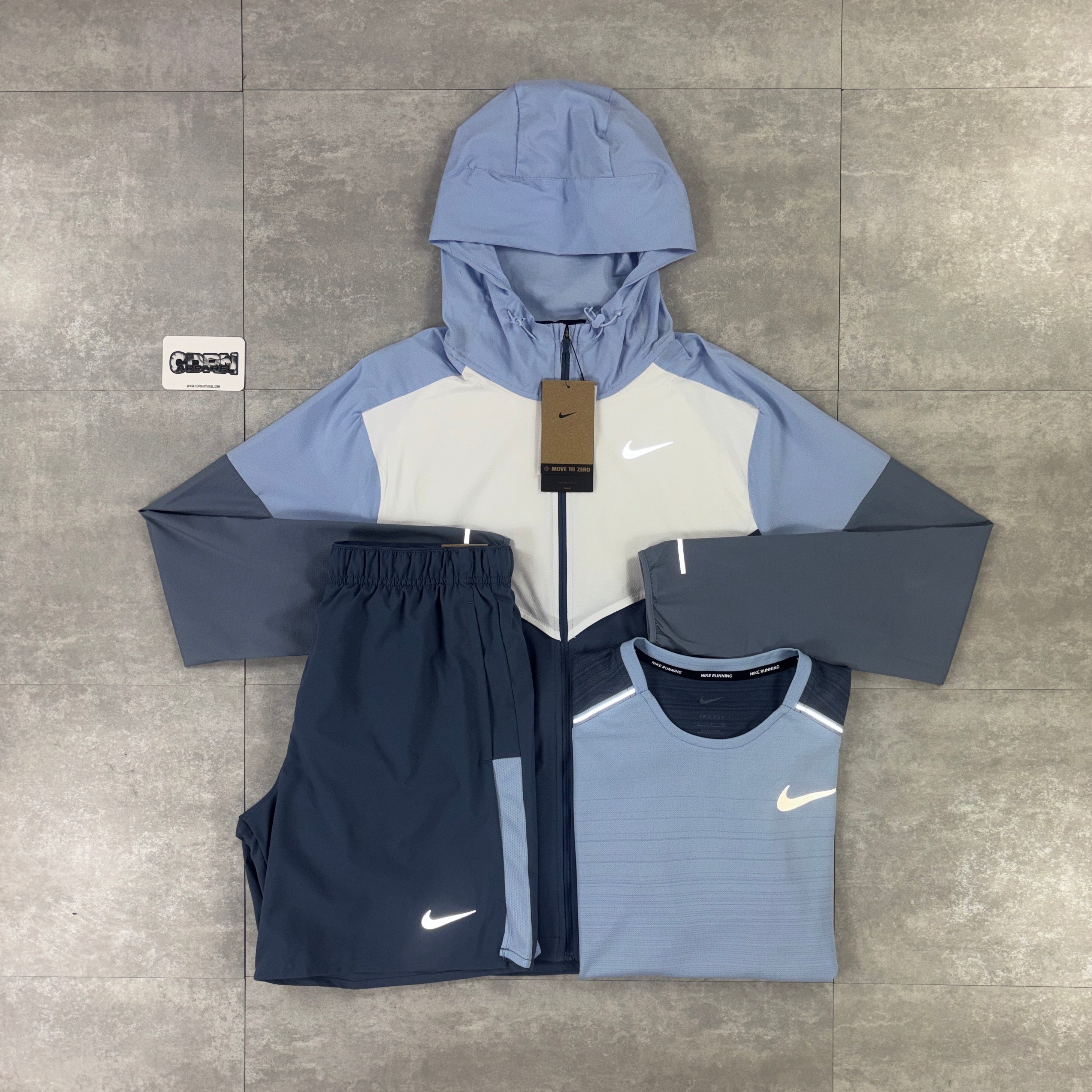 Nike Diffused Blue UV Windbreaker, Diffused Blue Miler 1.0 & Diffused Blue Challenger Shorts Set