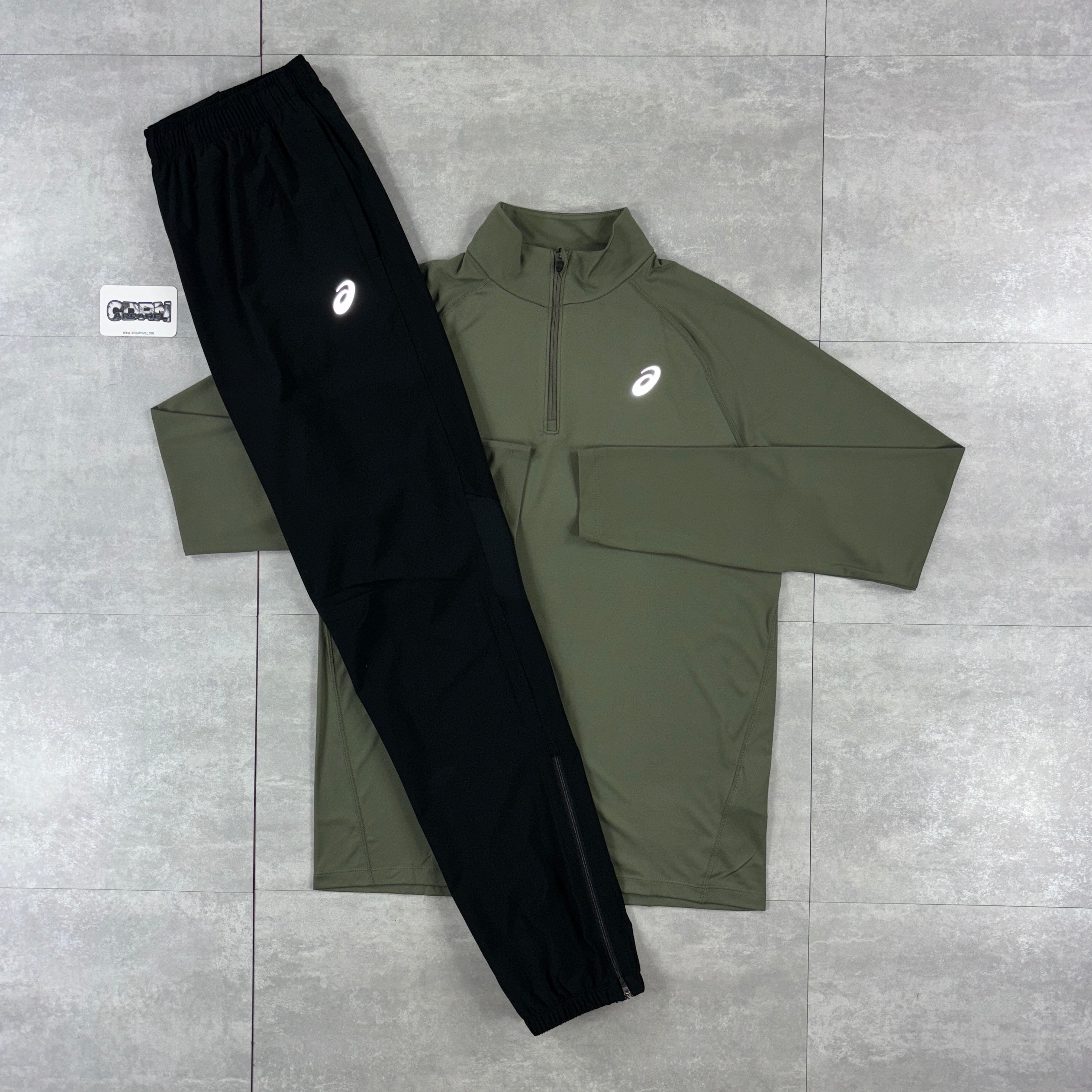 ASICS Khaki 1/4 Zip & Black Core Woven Pants Set