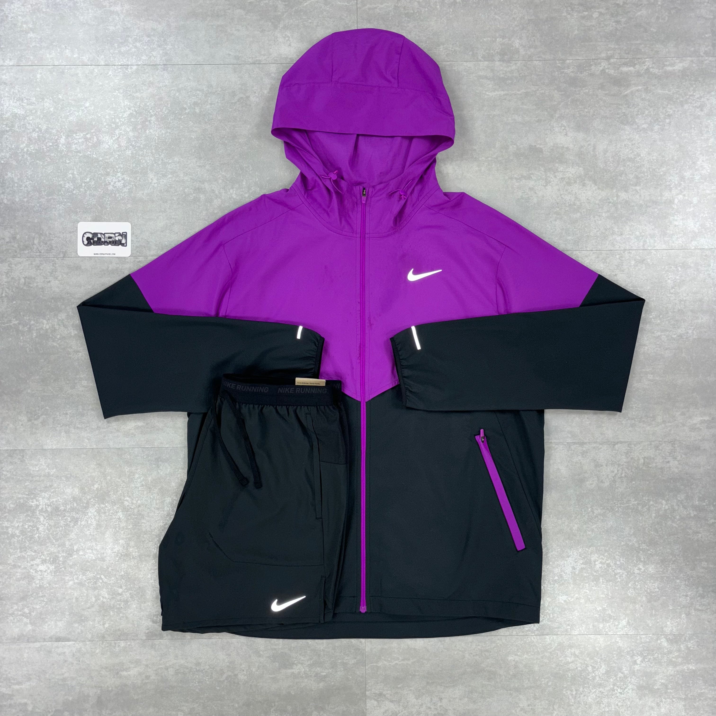 Nike Vivid Purple UV Windbreaker, Black Miler 1.0 & Black Flex Stride Shorts Set
