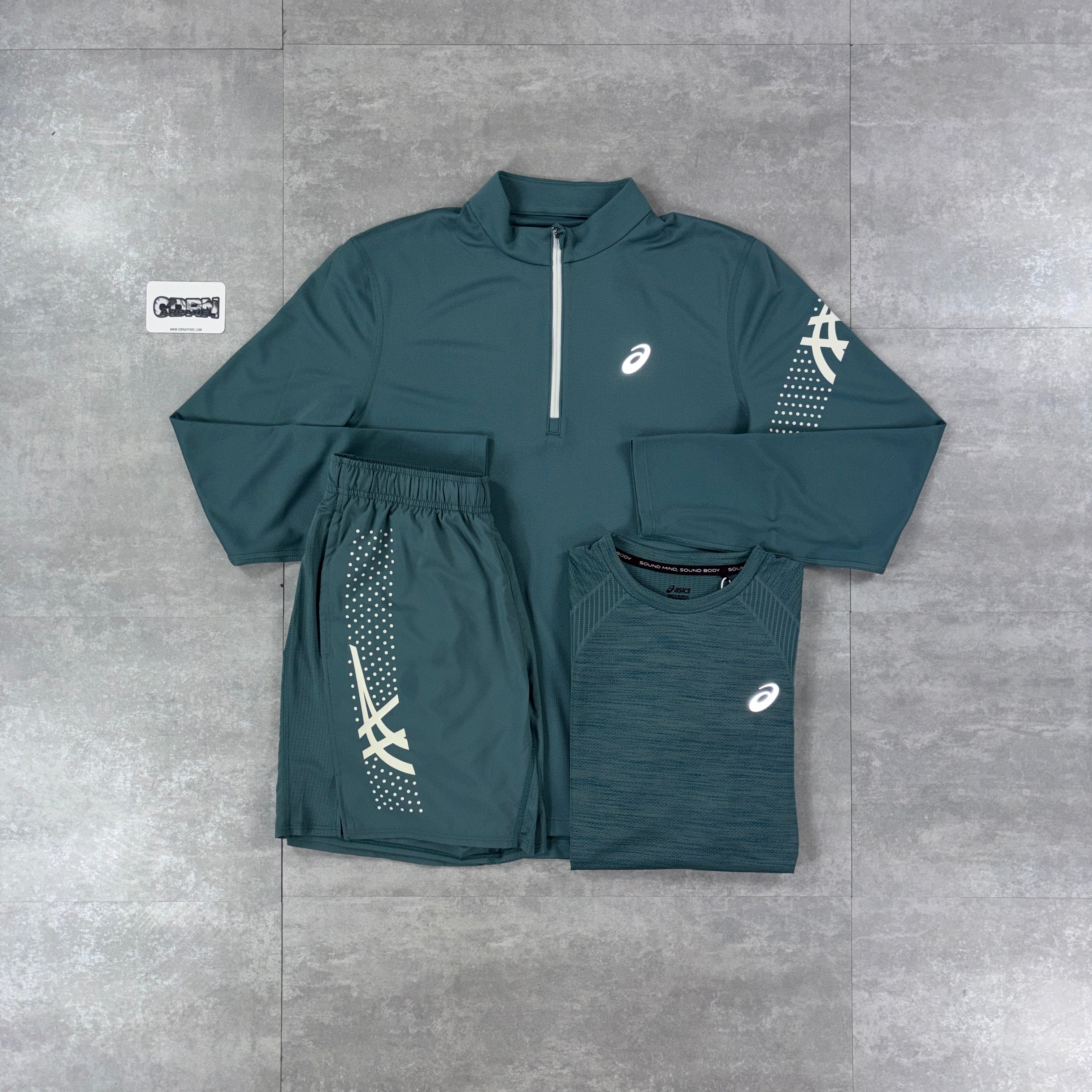 ASICS Foggy Teal Icon 1/4 Zip, Foggy Teal Icon T-Shirt & Foggy Teal Icon Shorts Set
