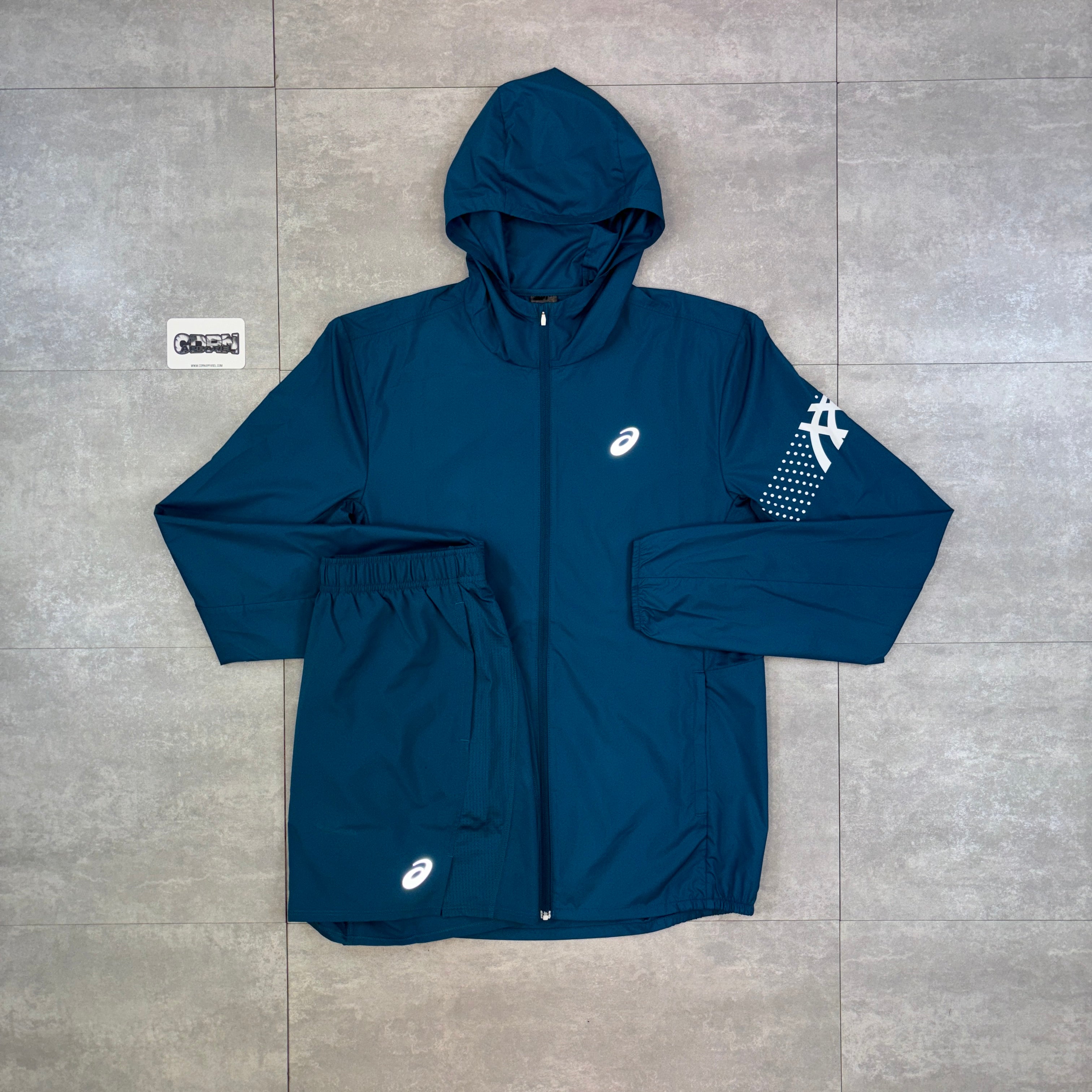 Asics Icon Windbreaker Jacket Dark Teal & Dark Teal Asics Icon Shorts Set