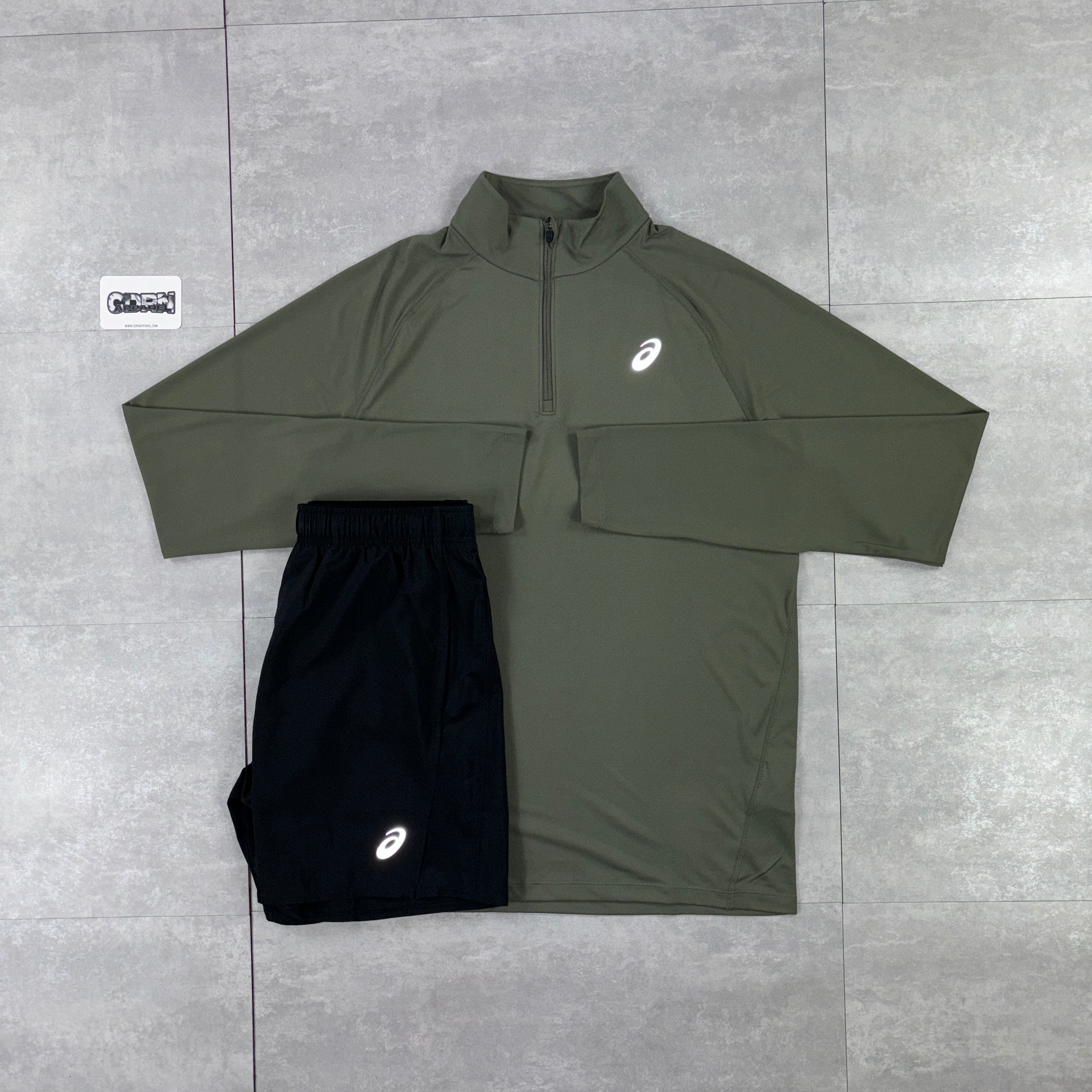 ASICS Khaki 1/4 Zip & Black Performance Shorts Set