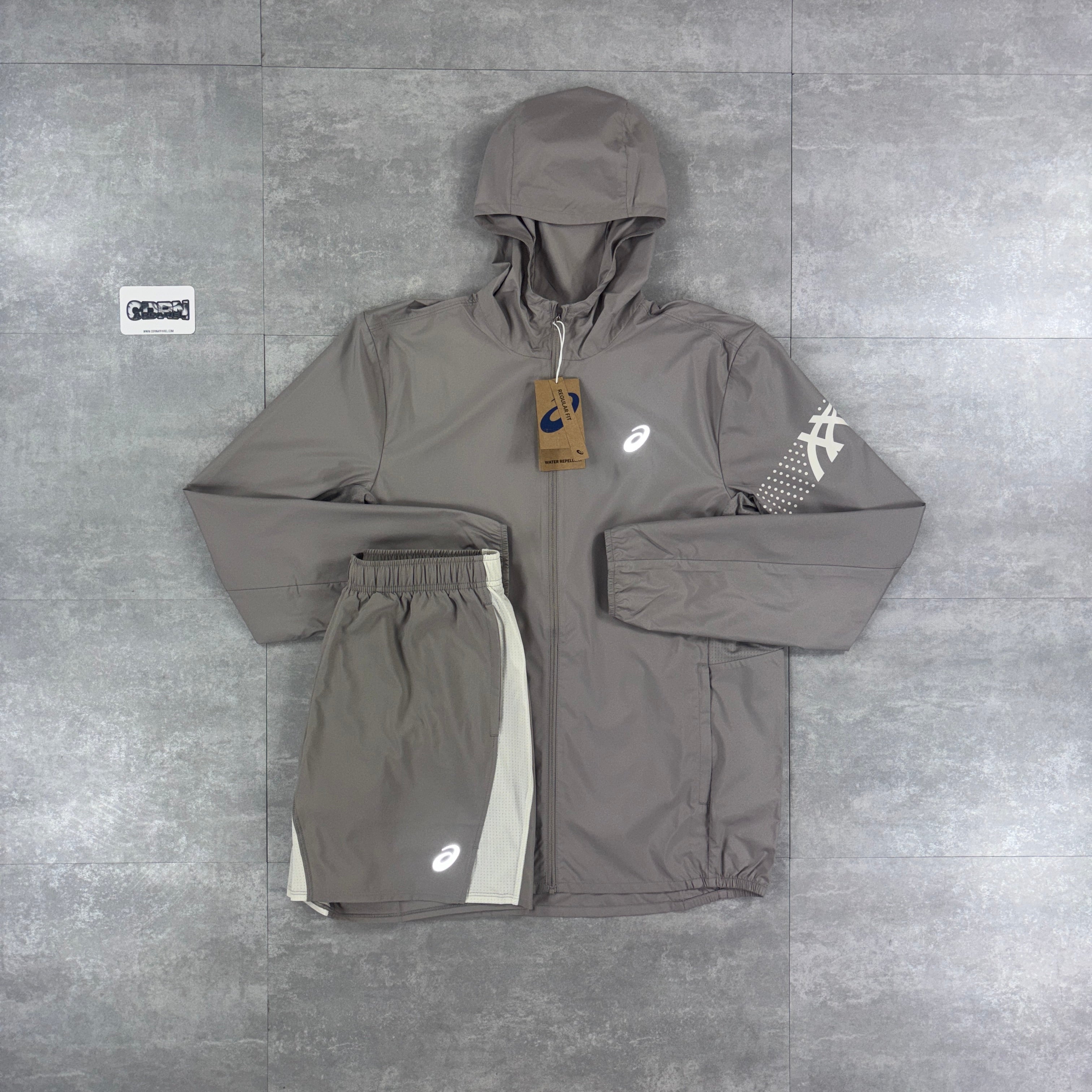 Asics Icon Windbreaker Jacket Moonrock & Moonrock Asics Colourblock Shorts Set