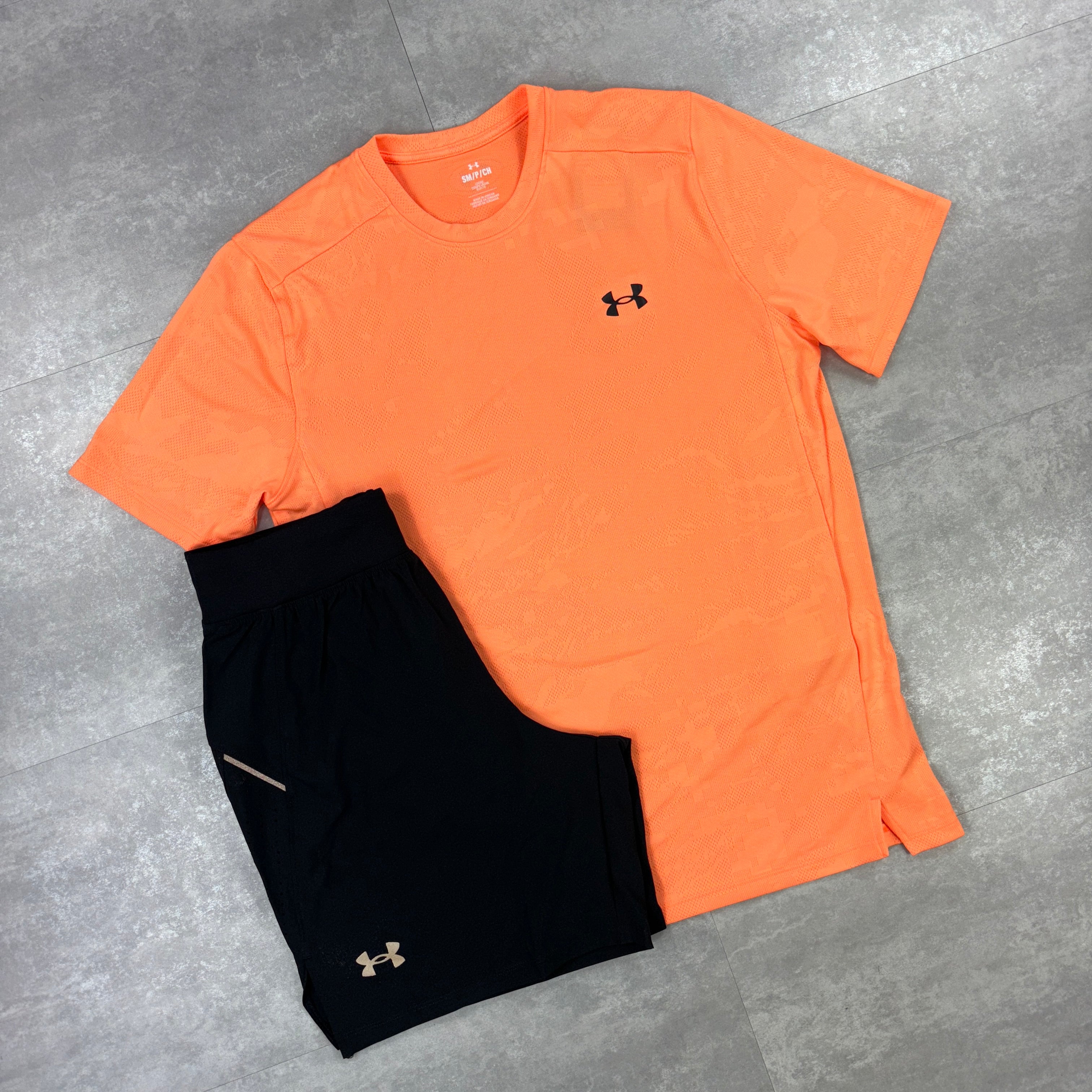 Under Armour Orange Jacquard Print T-Shirt & 7” Black Speed Shorts