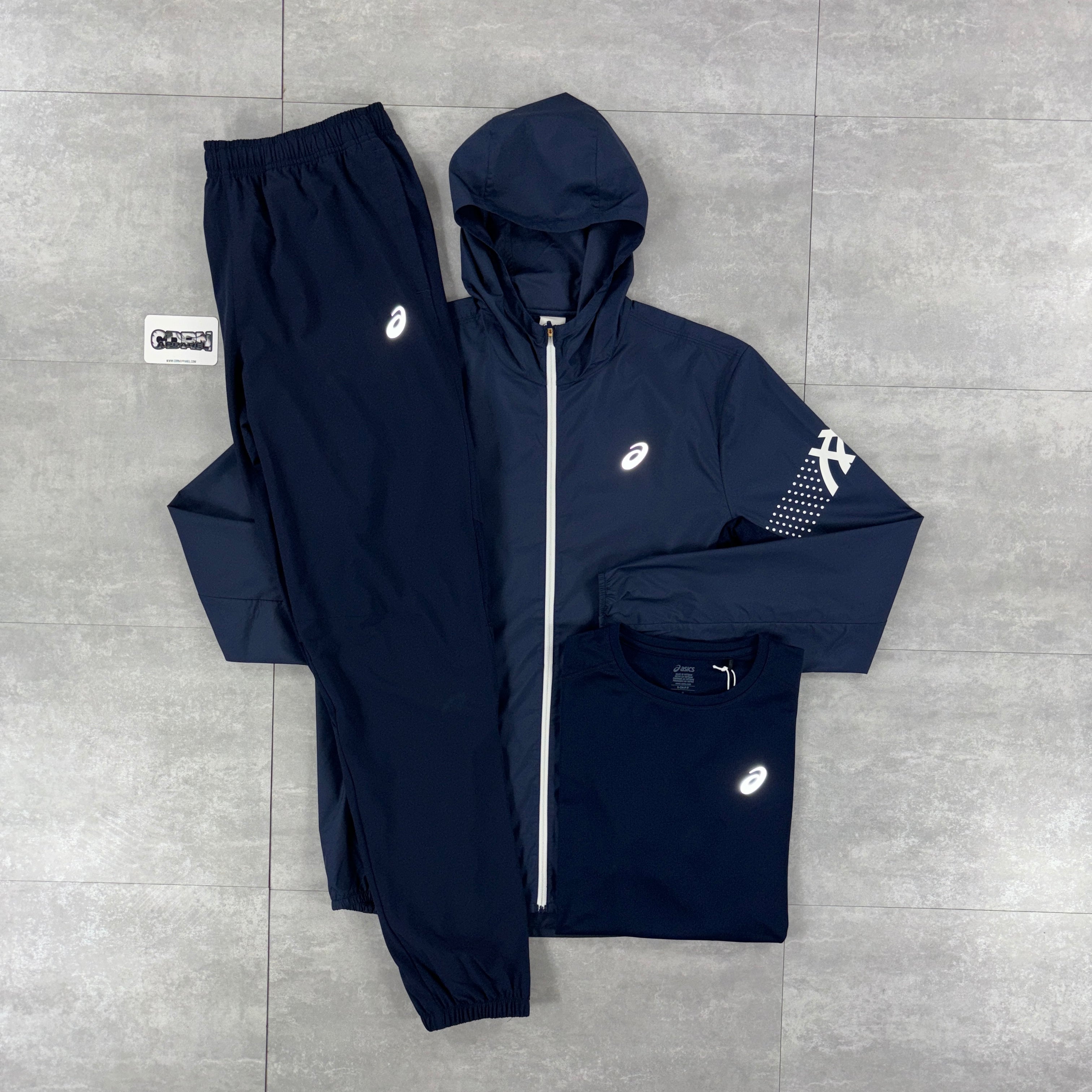 Asics Icon Windbreaker Jacket Navy, Navy Icon T-Shirt & Navy Asics Icon Pants Set