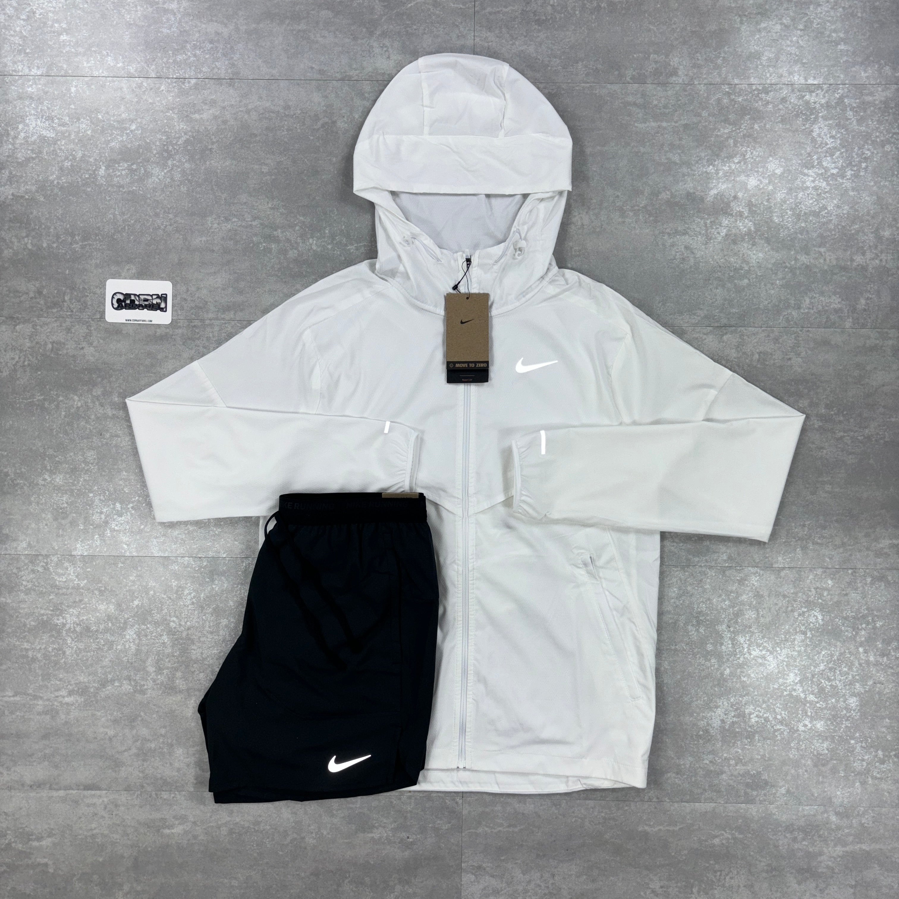 Nike White UV Windbreaker Jacket & Black Flex Strides Shorts Set