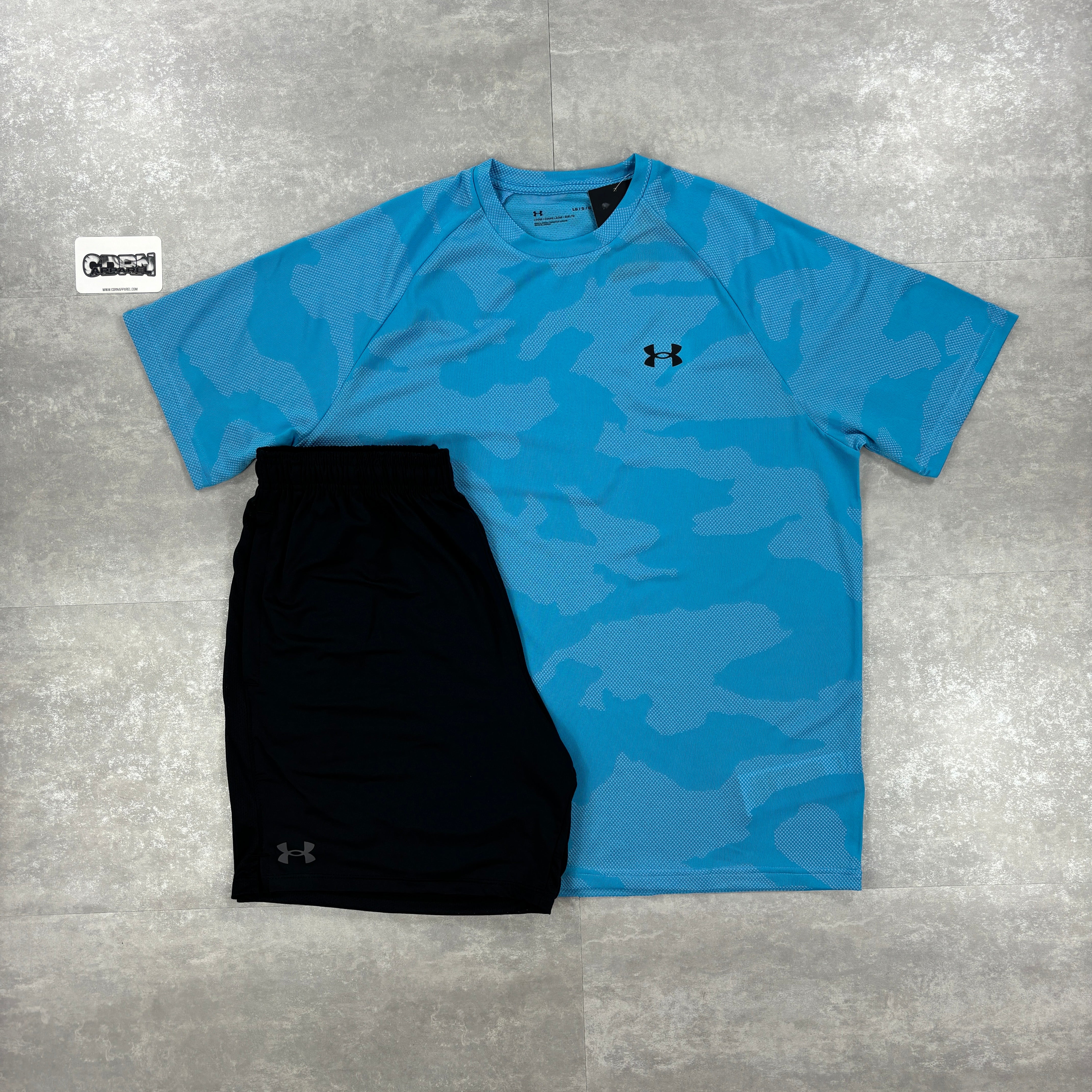 Under Armour Aqua Blue Camo T-shirt & Black 7” Speed Pocket Shorts