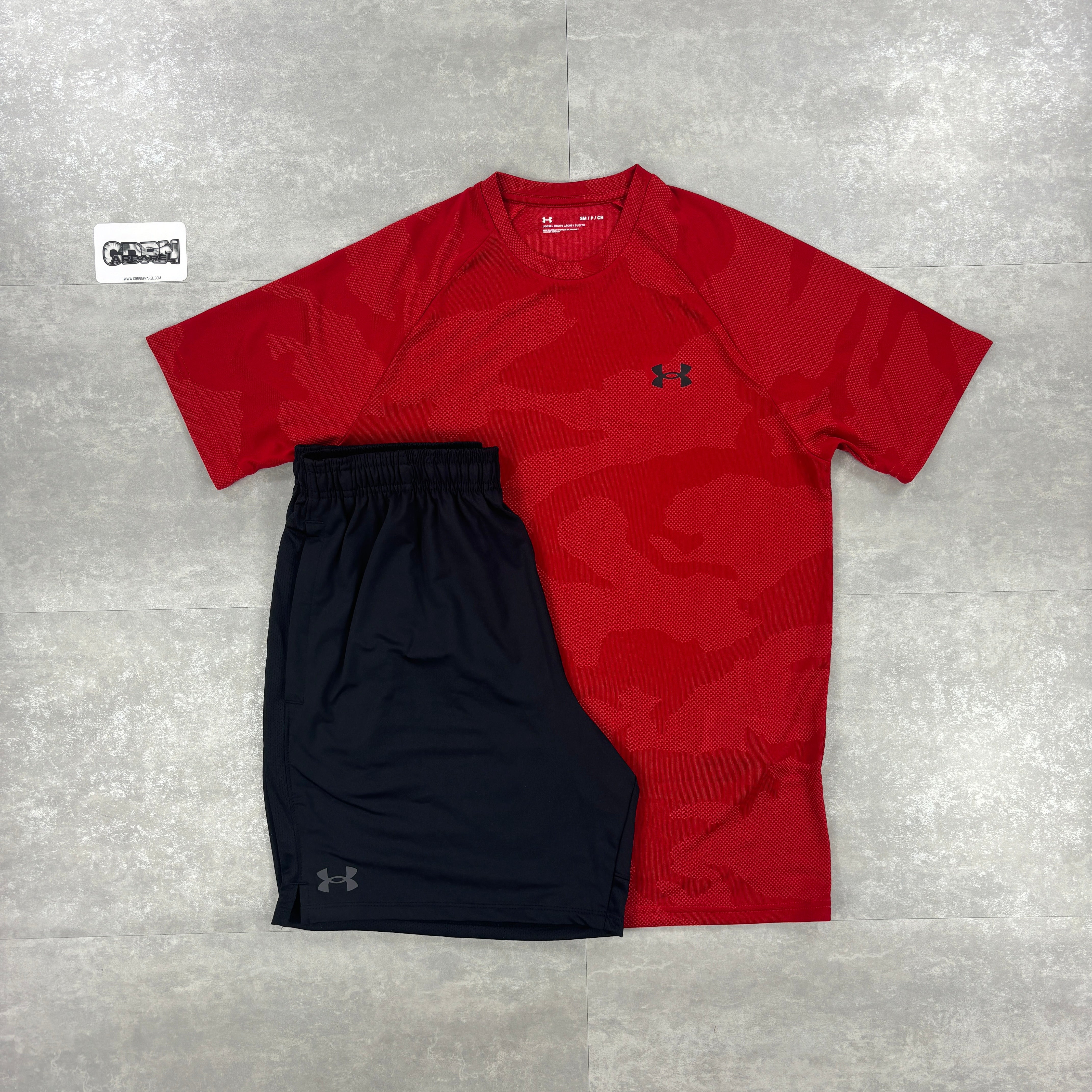 Under Armour Red Camo T-shirt & Black 7” Speed Pocket Shorts